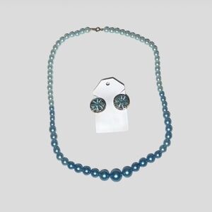 Vintage Beaded Necklace & Floral Clip-On Earrings Set Blue Graduated W OS NWT
